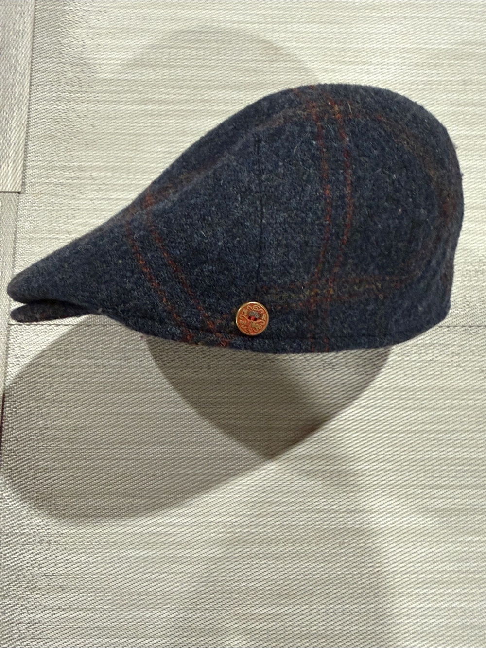 Wool Shetland Mayser Plaid Newsboy Cap in Navy with Brown Accent Size 7 1/8